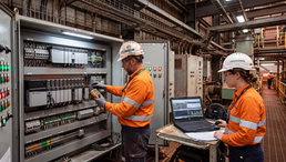 Technicians reviewing an industrial PLC and SCADA control system