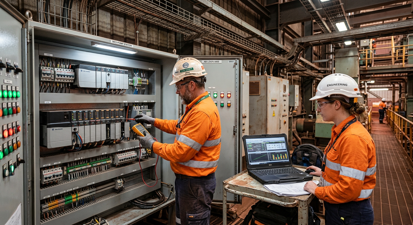 Workers at an industrial electrical control cabinet